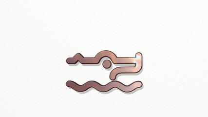 reptile crocodile water made by 3D illustration of a shiny metallic sculpture on a wall with light background. animal and alligator