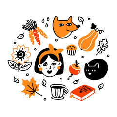 Autumn set. Collection of cartoon characters, plants, food and things. Beautiful print for Fall season party, Harvest festival or Thanksgiving day. © viairevi
