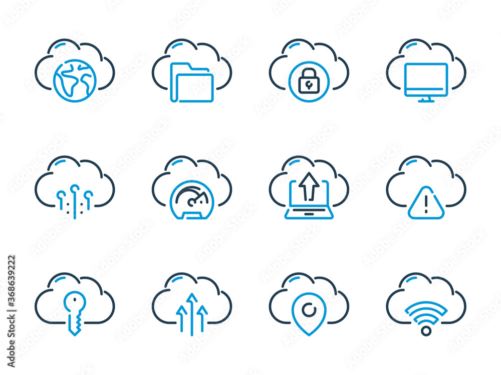 Aufkleber cloud server and network vector line icon set. cloud hosting and computing outline icons.
