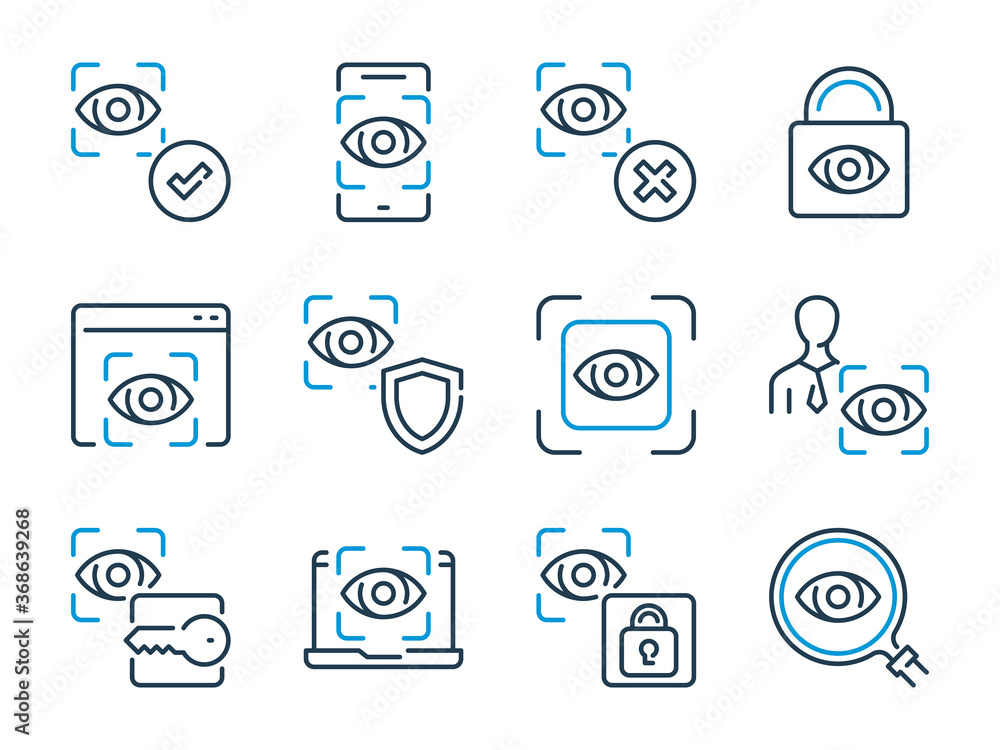 Aufkleber eye snan related vector line icon set. eye recognition and authentication outline icons.