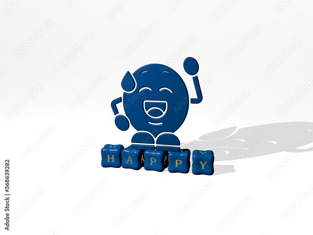 Aufkleber 3d graphical image of happy vertically along with text built by metallic cubic letters from the top 