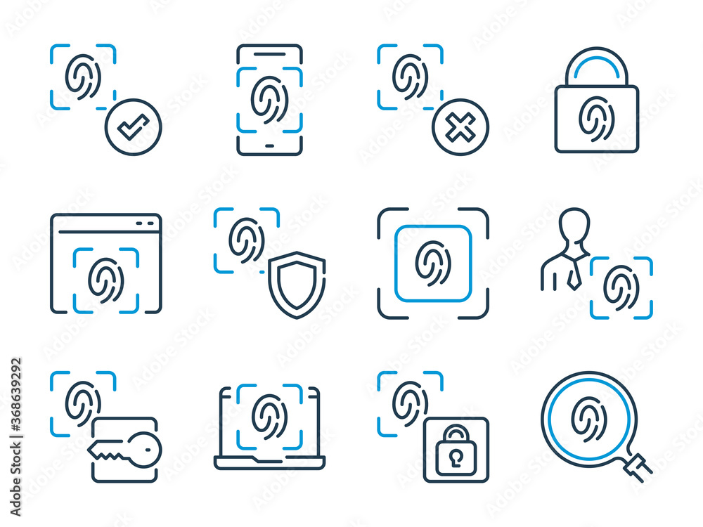 Poster fingerprint recognition related vector line icon set. finger scan outline icons.