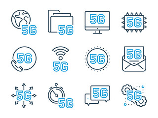 5G Technology related vector line icon set. 5G Network outline icons.