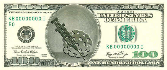 A us dollar, a model of the coronavirus, and a syringe along with a portrait of Franklin.