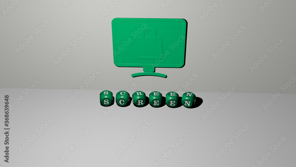 Poster 3d illustration of screen graphics and text made by metallic dice letters for the related meanings o