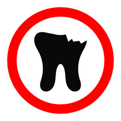 Chipped black tooth on white red round sign, vector