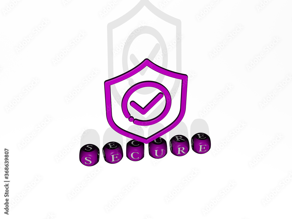 Poster 3d graphical image of secure vertically along with text built by metallic cubic letters from the top