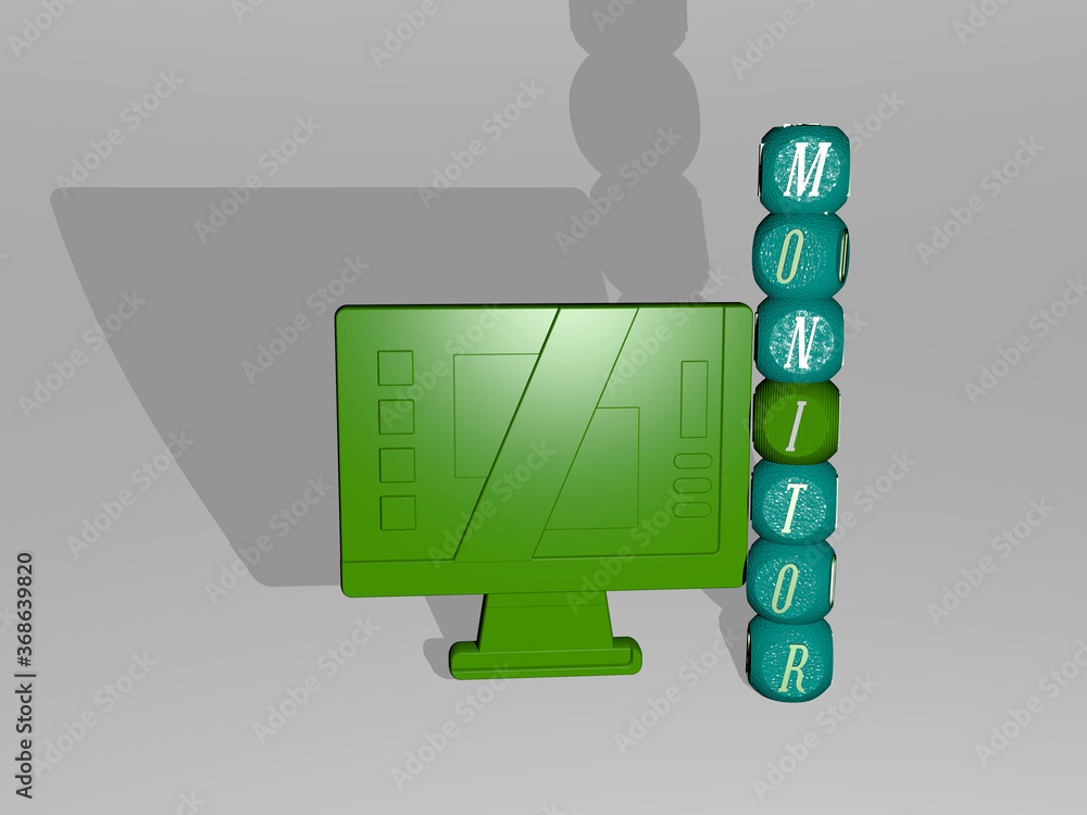 Fototapete 3d illustration of monitor graphics and text around the icon made by metallic dice letters for the r
