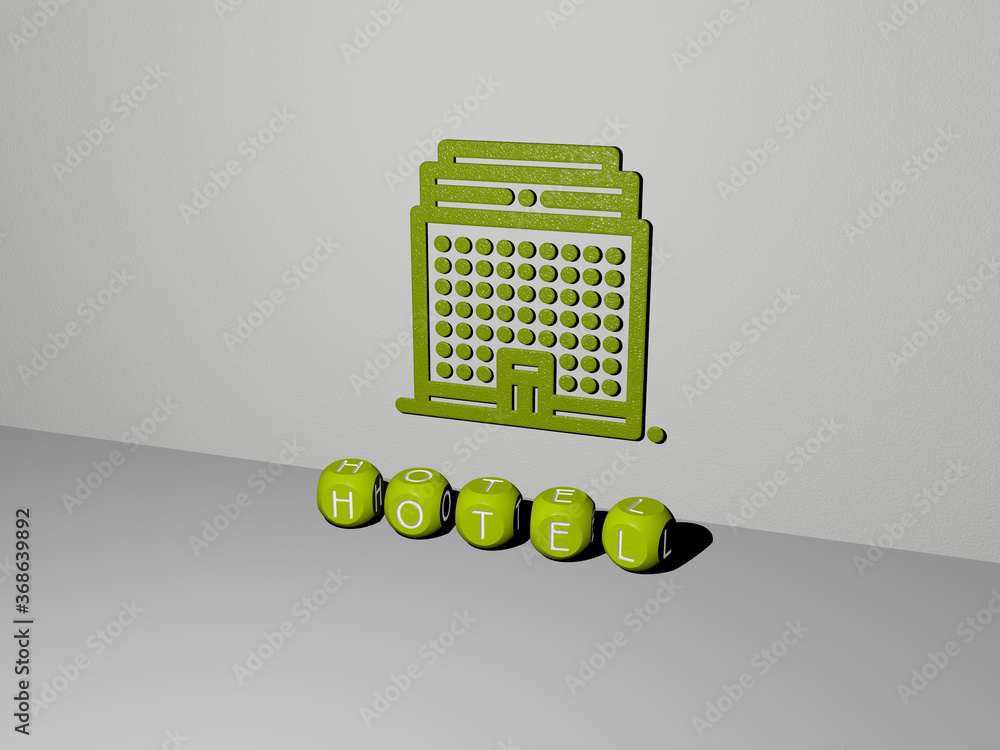 Poster 3d graphical image of hotel vertically along with text built by metallic cubic letters from the top 