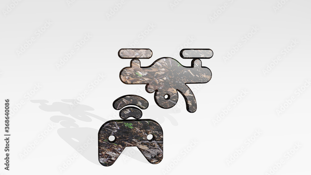 Poster drone controller casting shadow from a perspective. a thick sculpture made of metallic materials of 
