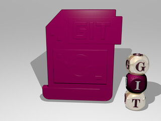 3D representation of git with icon on the wall and text arranged by metallic cubic letters on a mirror floor for concept meaning and slideshow presentation