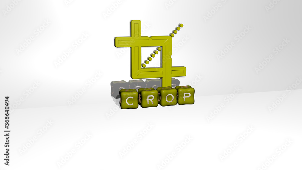 Poster 3d graphical image of crop vertically along with text built by metallic cubic letters from the top p