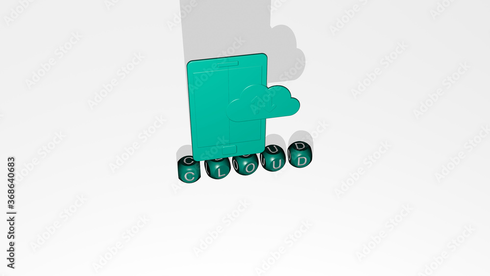Poster 3d representation of cloud with icon on the wall and text arranged by metallic cubic letters on a mi