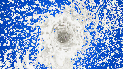Round milk splash on a blue background. Milky whirlpool. White paint splash illustration. 3d rendering. High resolution.
