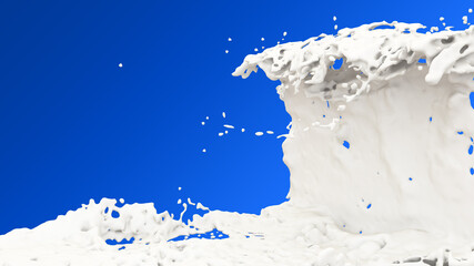 Milk splash on a blue background. Milky wave. White paint splash illustration. 3d rendering. High resolution.