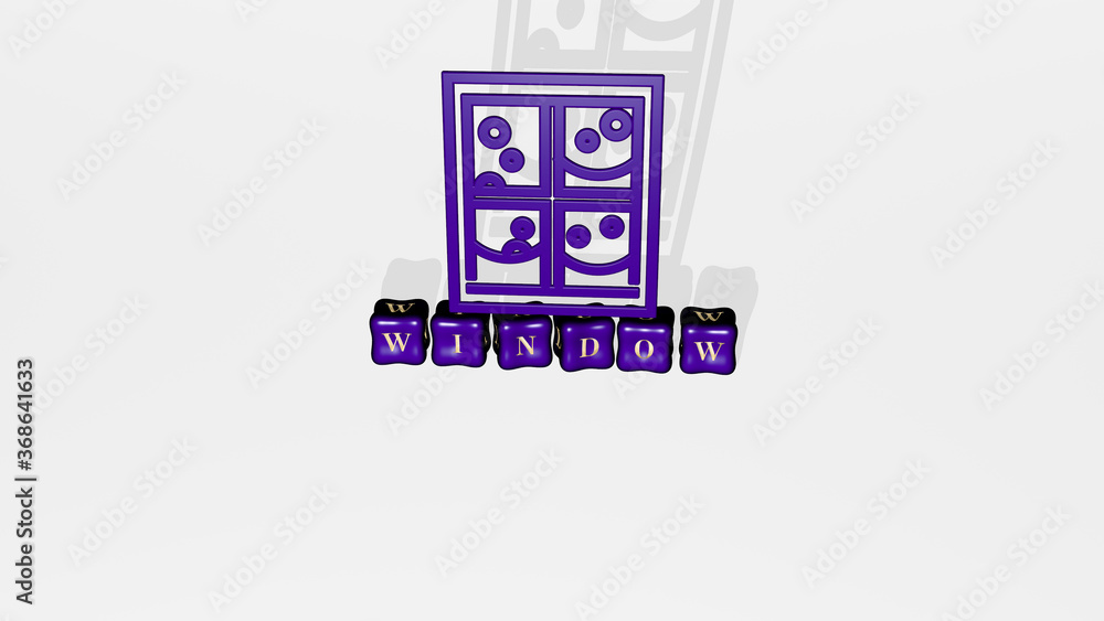 Poster 3d graphical image of window vertically along with text built by metallic cubic letters from the top