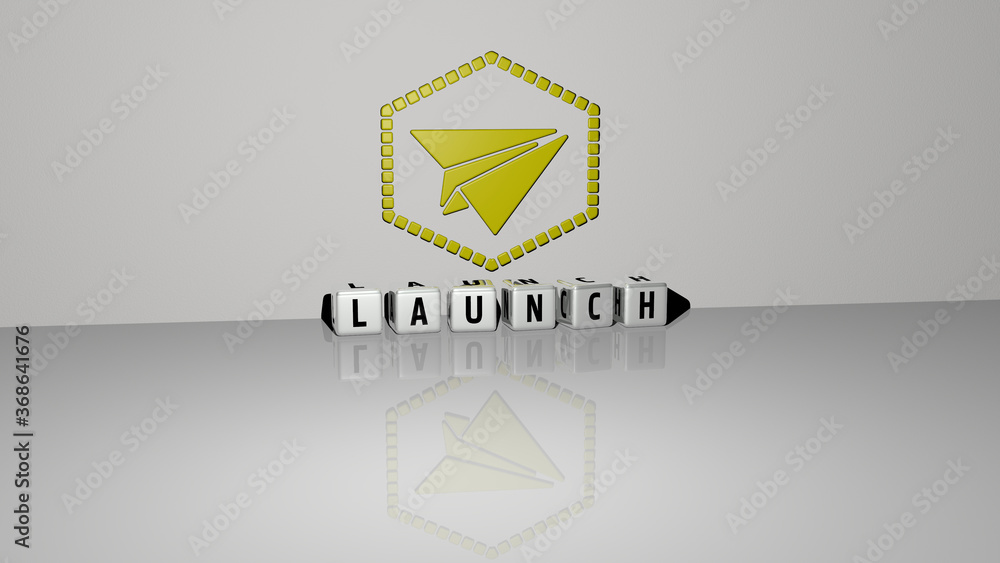 Poster 3d illustration of launch graphics and text made by metallic dice letters for the related meanings o
