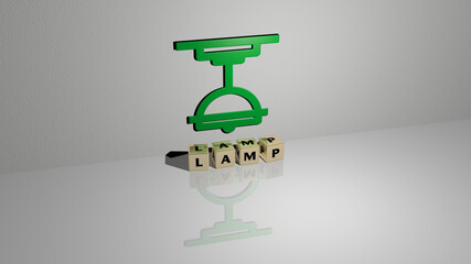 3D graphical image of LAMP vertically along with text built by metallic cubic letters from the top perspective, excellent for the concept presentation and slideshows. background and illustration