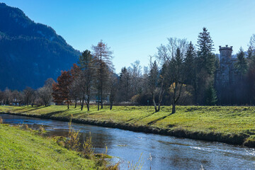 Riverside castle in Oberammergau German village in the Bavarian Alps