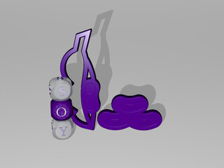 3D graphical image of soy vertically along with text built around the icon by metallic cubic letters from the top perspective. excellent for the concept presentation and slideshows. sauce and food