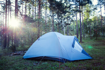 Blue camping tent, deep in the forest at sunrise.