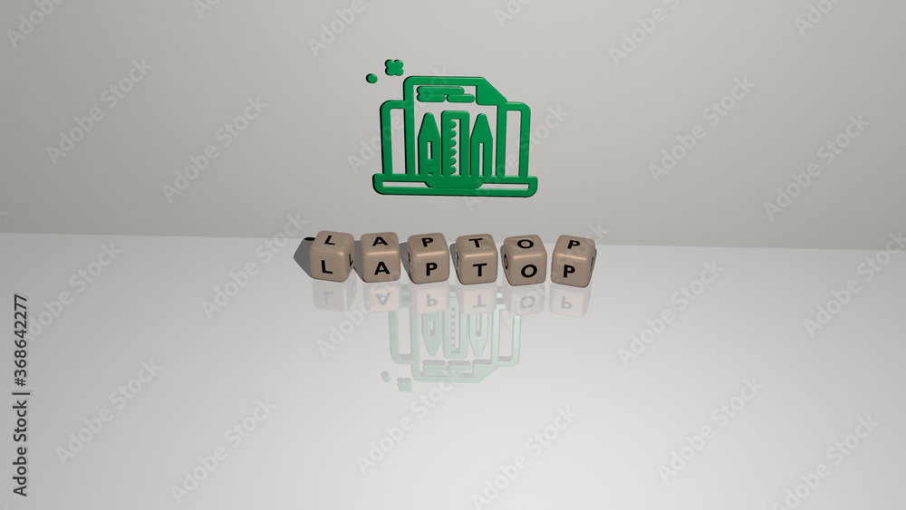 Poster 3d graphical image of laptop vertically along with text built by metallic cubic letters from the top