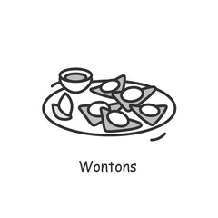 Wonton icon. Boiled or deep fried triangle Chinese dumplings with meat or seafood stuffing line pictogram. Concept of traditional and tasty winter Asian food. Editable stroke vector illustration