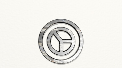 ANALYTICS PIE from a perspective on the wall. A thick sculpture made of metallic materials of 3D rendering. illustration and business