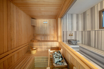 Interior of Turkish sauna, classic wooden sauna. Standard wooden sauna room interior