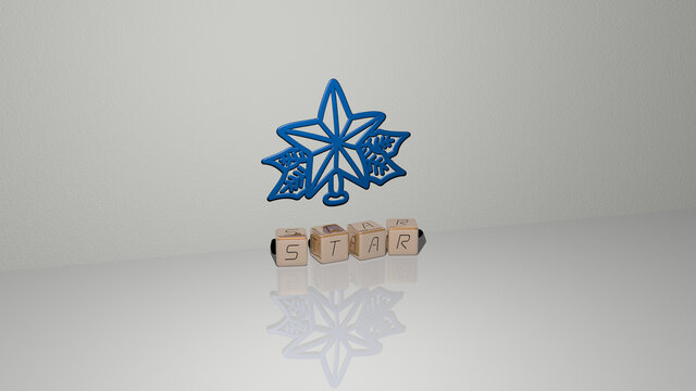 3D representation of star with icon on the wall and text arranged by metallic cubic letters on a mirror floor for concept meaning and slideshow presentation. illustration and background