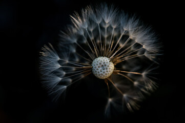 Closeup of a dandelion with some seeds still attached, the others are missing.