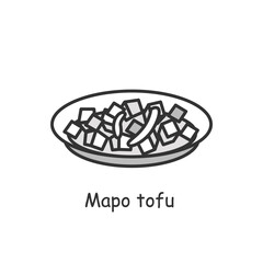Mapo tofu icon. Chinese vegetarian or meat Sichuan cuisine fermented soy bean dish linear pictogram. Concept of high protein veggie recipe, and spicy Asian food. Editable stroke vector illustration
