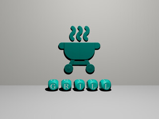 3D graphical image of grill vertically along with text built by metallic cubic letters from the top perspective, excellent for the concept presentation and slideshows. barbecue and background