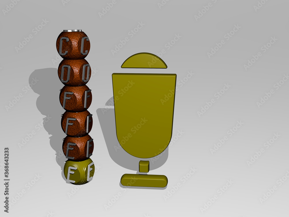 Poster 3d representation of coffee with icon on the wall and text arranged by metallic cubic letters on a m