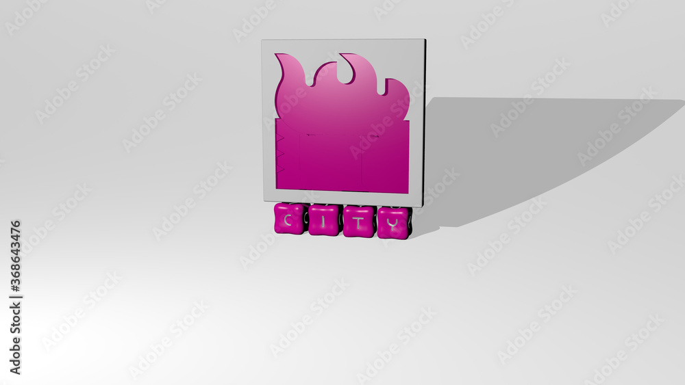 Poster 3d graphical image of city vertically along with text built by metallic cubic letters from the top p