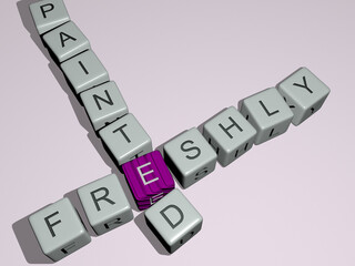 crosswords of Real estate: freshly painted arranged by cubic letters on a mirror floor, concept meaning and presentation. background and baked