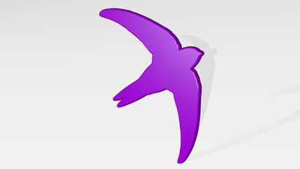 BIRD stand with shadow. 3D illustration of metallic sculpture over a white background with mild texture. animal and beautiful