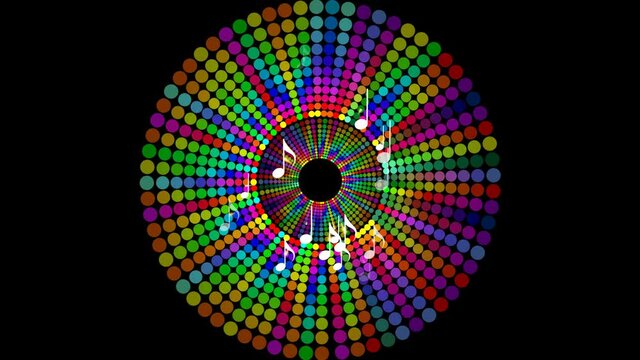 Multicolored rainbow dotted circle target with flying white musical notes, abstract musical background, animation on black background, 4k video background