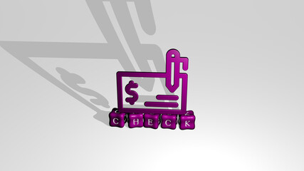 3D illustration of check graphics and text made by metallic dice letters for the related meanings of the concept and presentations. background and business