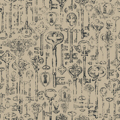 Decorative seamless pattern with vintage hand-drawn keys and keyholes in the grunge style. Vector illustration with faded drawings on a beige background. Suitable for Wallpaper, wrapping paper, fabric
