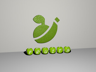 3D representation of FRUITS with icon on the wall and text arranged by metallic cubic letters on a mirror floor for concept meaning and slideshow presentation. background and food