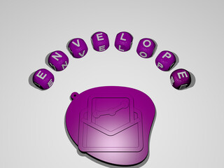 3D illustration of envelope graphics and text around the icon made by metallic dice letters for the related meanings of the concept and presentations. background and design