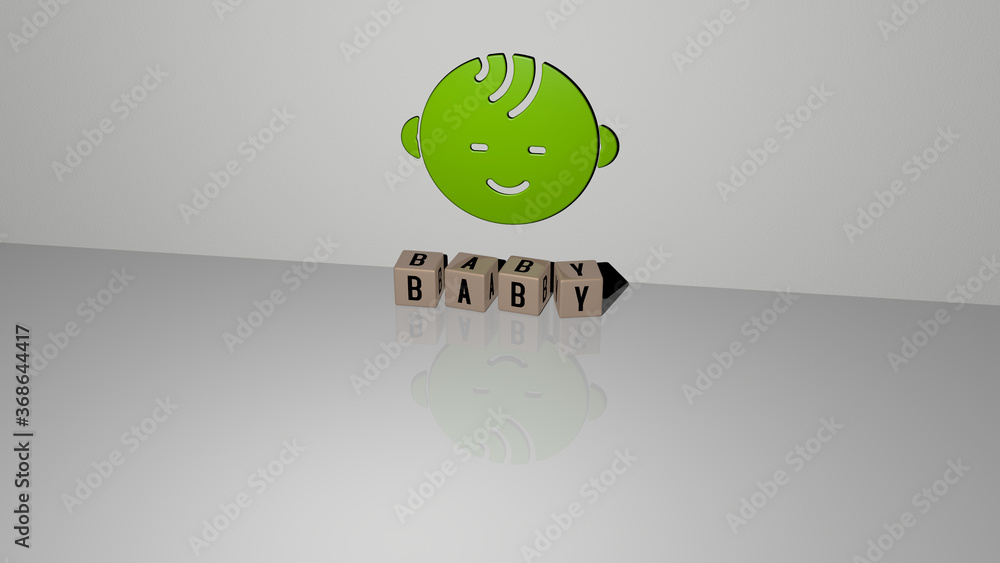 Poster 3d graphical image of baby vertically along with text built by metallic cubic letters from the top p