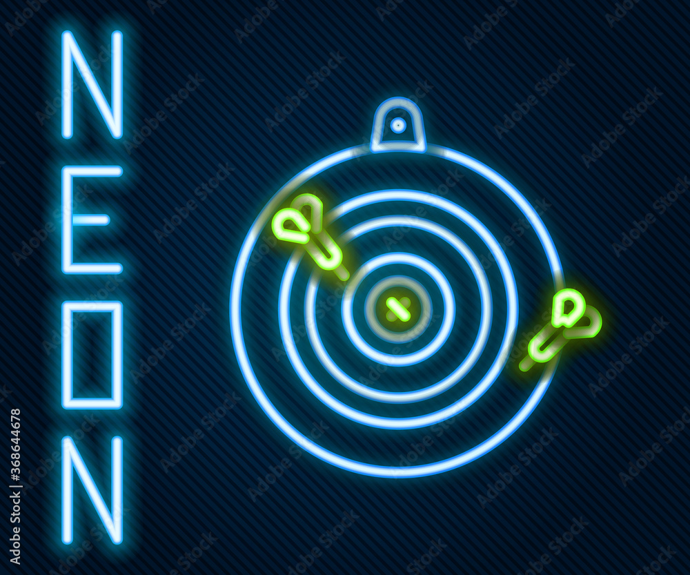 Poster glowing neon line classic dart board and arrow icon isolated on black background. dartboard sign. ga