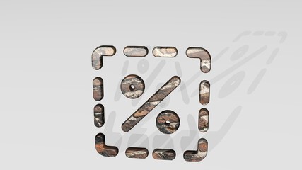 discount square casting shadow from a perspective. A thick sculpture made of metallic materials of 3D rendering. illustration and sale