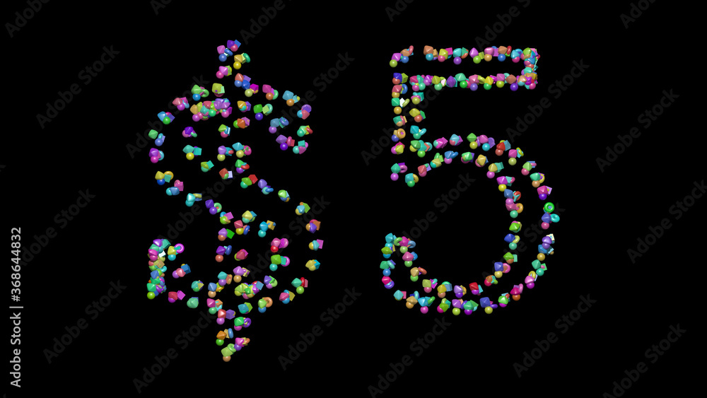 Poster $ written in 3d illustration by colorful small objects casting shadow on a black background