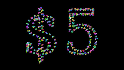 $ written in 3D illustration by colorful small objects casting shadow on a black background