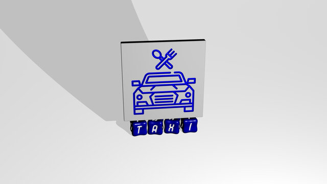 3D representation of TAXI with icon on the wall and text arranged by metallic cubic letters on a mirror floor for concept meaning and slideshow presentation. car and illustration