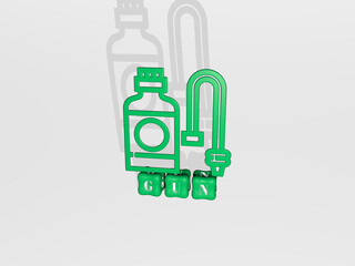3D graphical image of gun vertically along with text built by metallic cubic letters from the top perspective, excellent for the concept presentation and slideshows. illustration and background