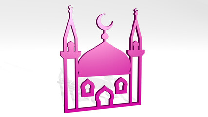 MOSQUE made by 3D illustration of a shiny metallic sculpture with the shadow on light background. architecture and building